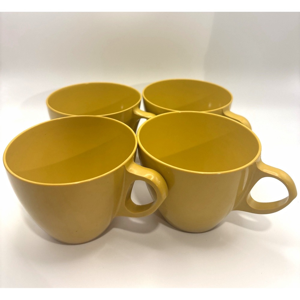 Vintage Allied Chemical Melmac Melamine Mustard Yellow Coffee Cups Mugs Set4 MCM